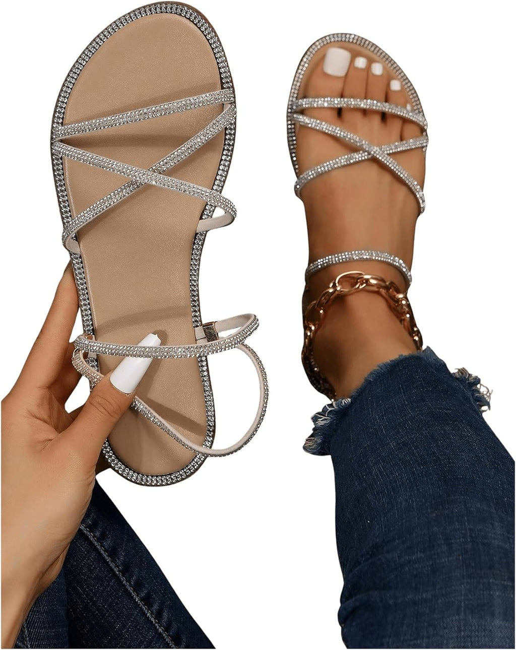 Women'S Rhinestone Strappy Open Toe Slide Sandals Slip on Casual Flat Sandals