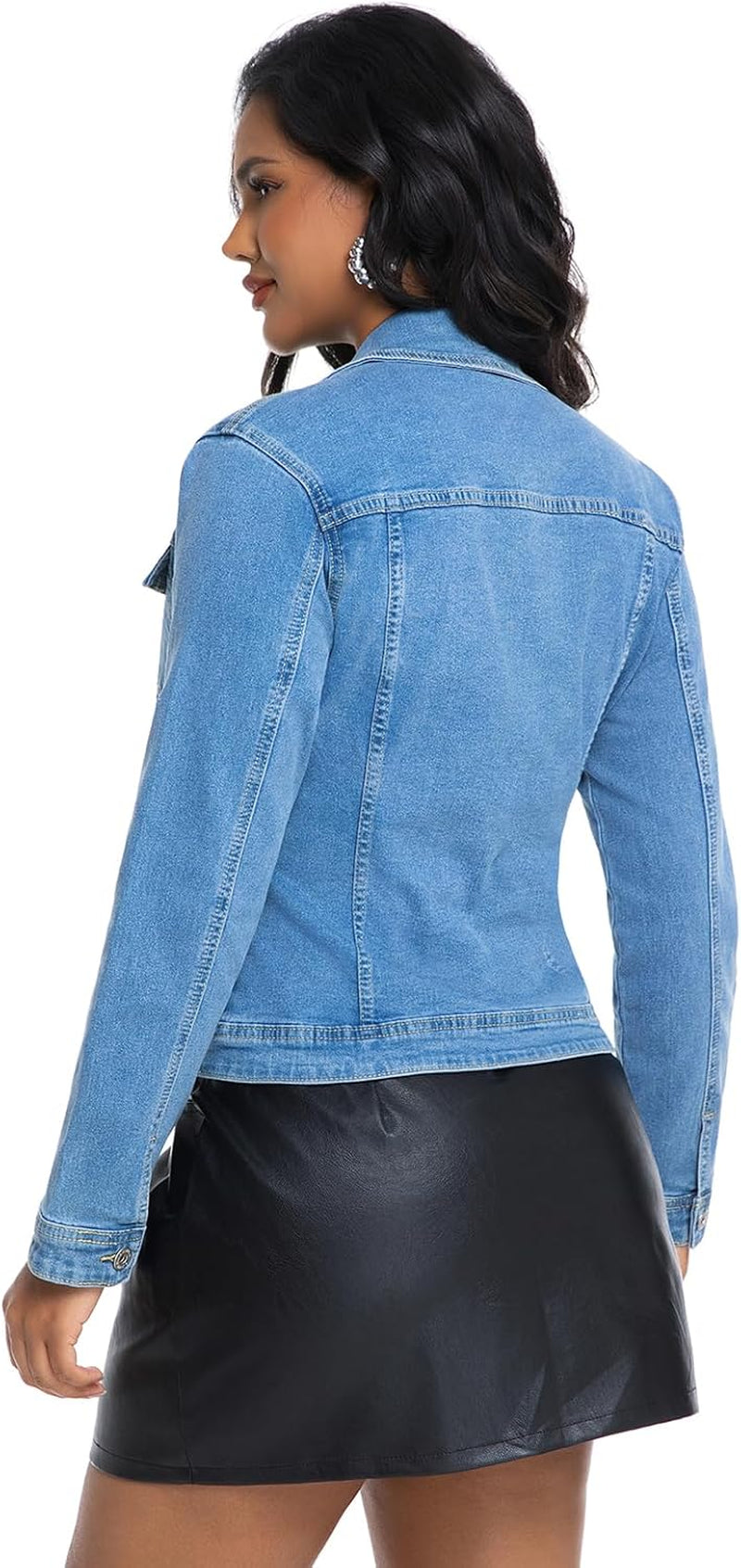 Women Cropped Denim Jacket Lapel Button down Long Sleeve Slim Fitted Stretchy Short Jean Jacket with Pockets