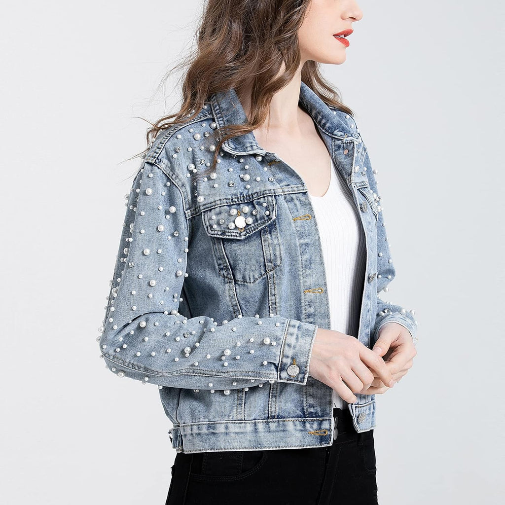 Women'S Pearls Denim Jacket Cropped Rhinestones Jean Jacket Coat