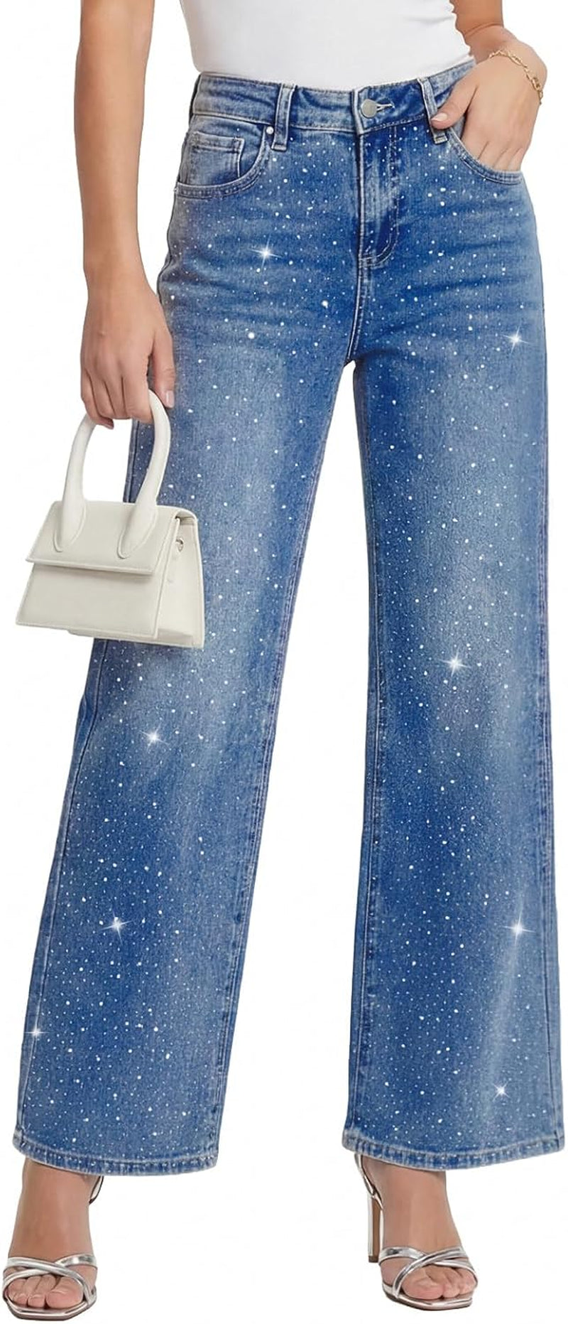 Straight Leg Jeans Rhinestone High Waisted Pearl Boyfried Denim Pants Y2K Sparkly Bling Glitter Bedazzled Jeans