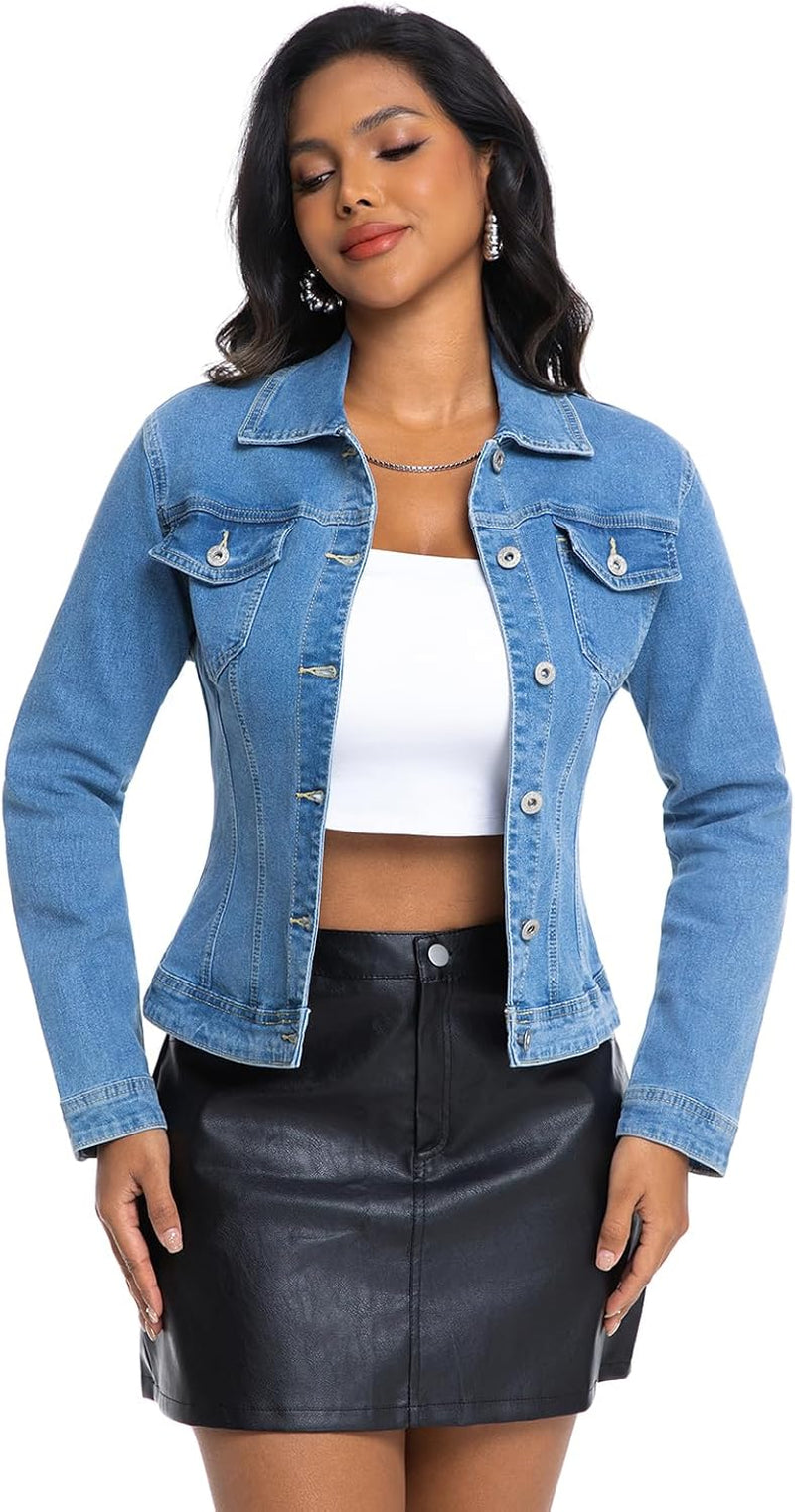 Women Cropped Denim Jacket Lapel Button down Long Sleeve Slim Fitted Stretchy Short Jean Jacket with Pockets