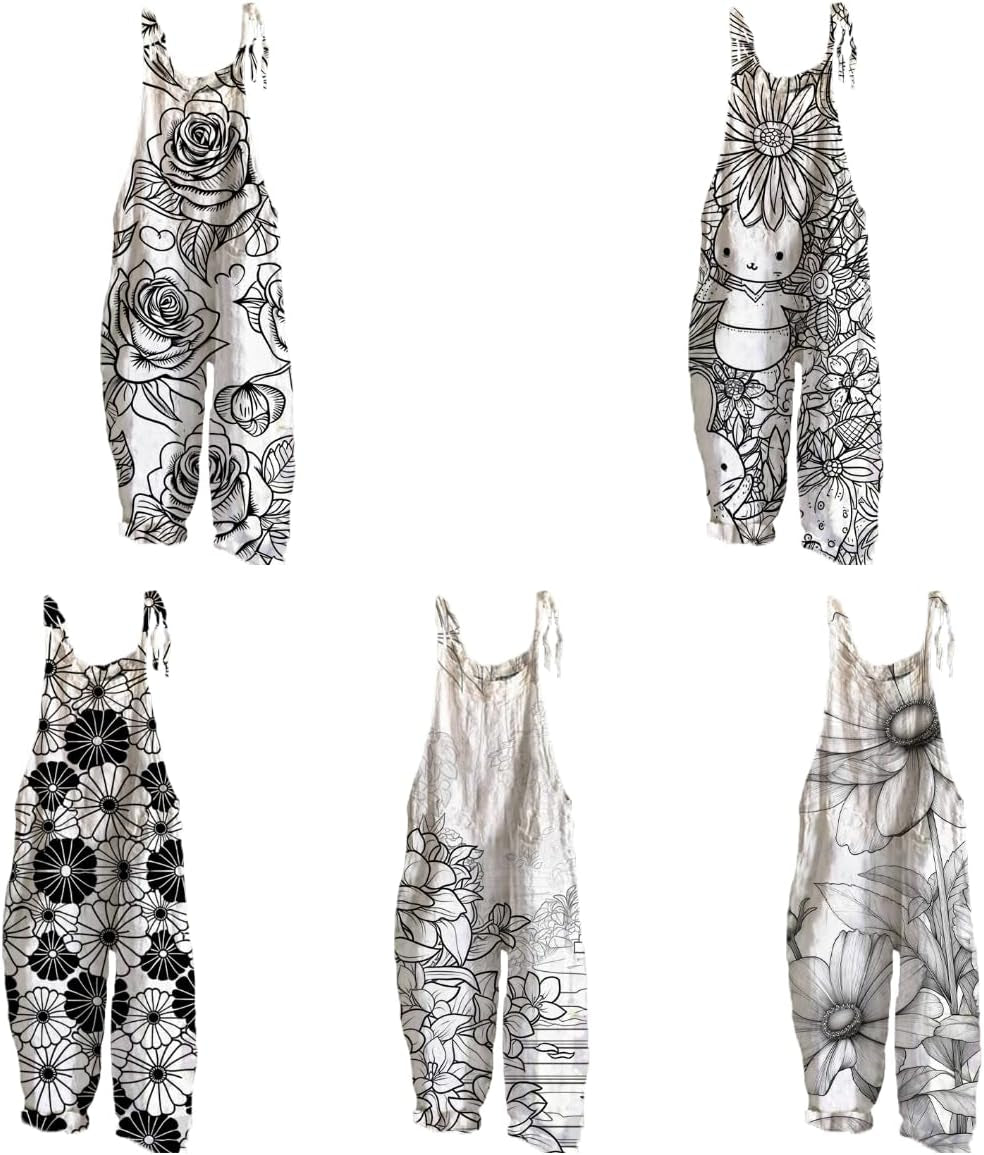 Rompers for Women 2024 Boho Floral Printed Sleeveless Strappy Wide Leg Jumpsuits Baggy Overall Jumpsuit