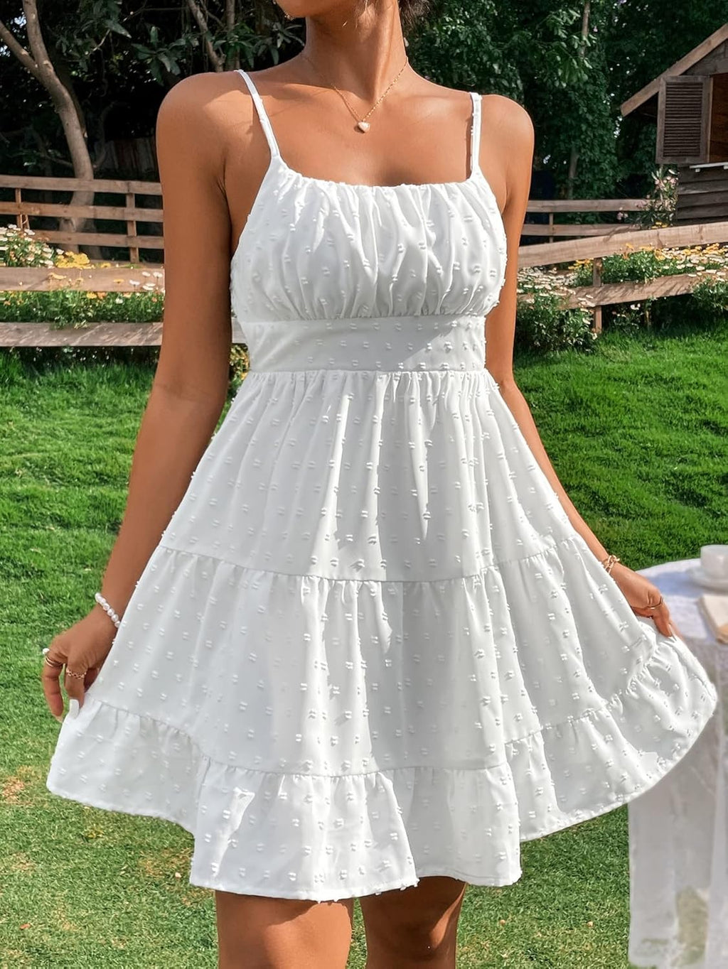 Women'S Swiss Dots Sleeveless Ruched Bust Ruffle Hem Cami Short Dress