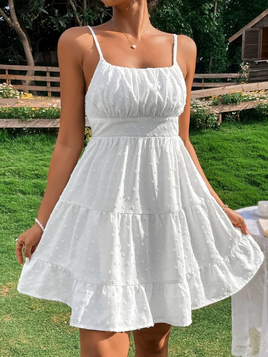 Women'S Swiss Dots Sleeveless Ruched Bust Ruffle Hem Cami Short Dress