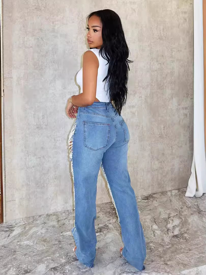 Autumn New Arrivals High Waist Hollow Out Casual Streetwear Slim Straight Leg Women Jeans Denim Pants