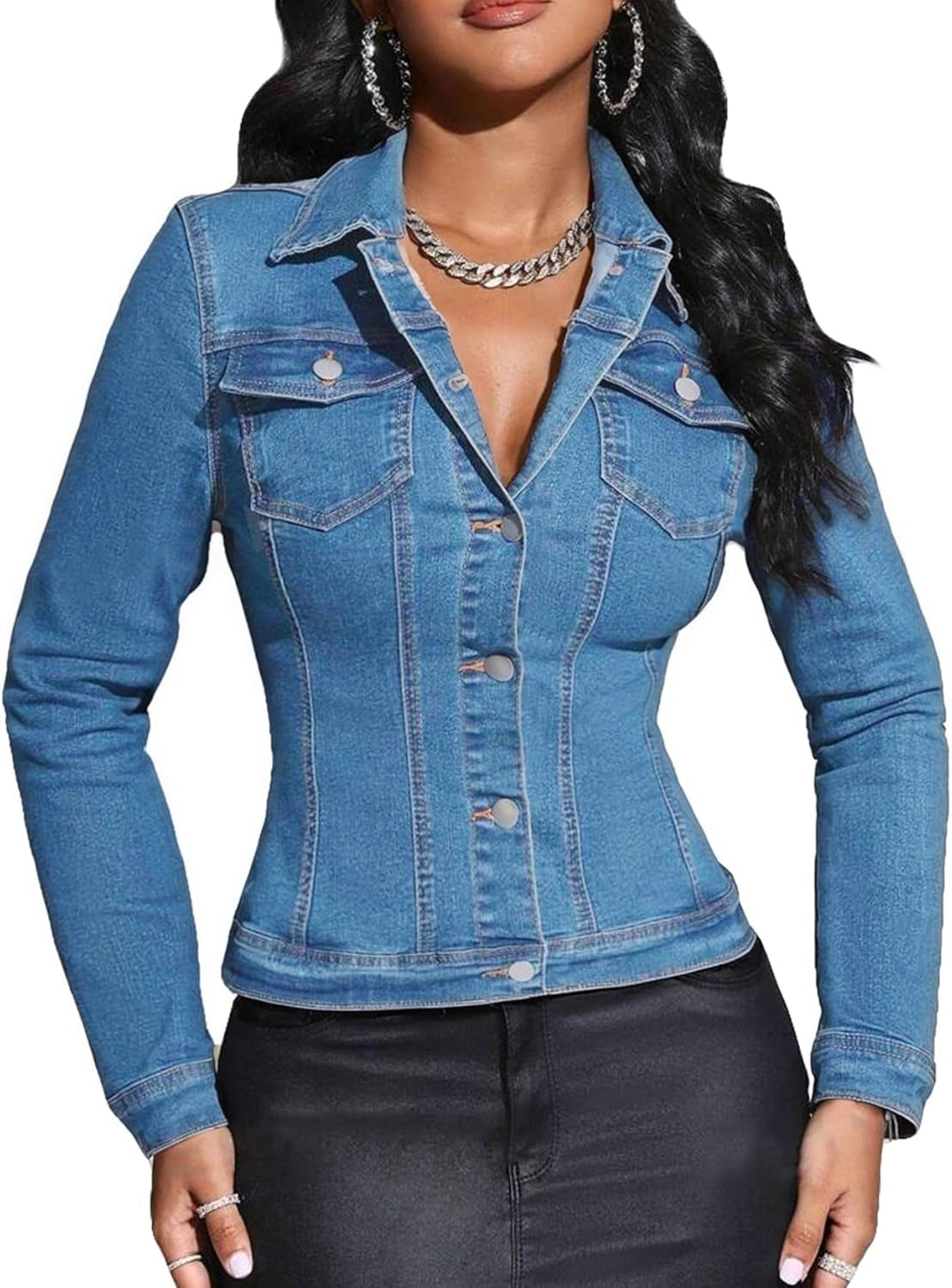 Women Cropped Denim Jacket Lapel Button down Long Sleeve Slim Fitted Stretchy Short Jean Jacket with Pockets