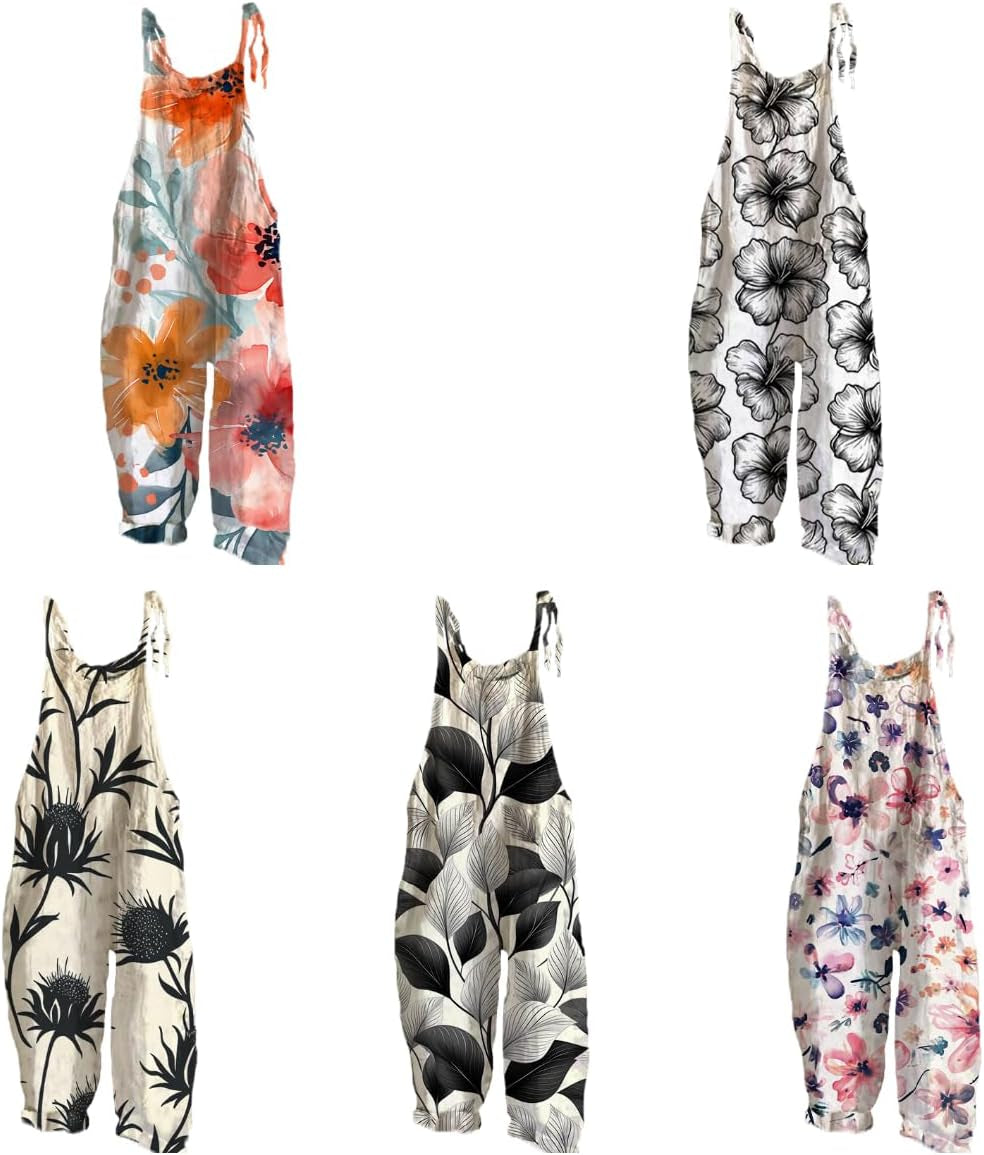 Rompers for Women 2024 Boho Floral Printed Sleeveless Strappy Wide Leg Jumpsuits Baggy Overall Jumpsuit