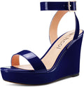 Women Platform Wedge Sandals round Peep Open Toe Ankle Strap Slingback Two-Piece Chunky Block High Heel Dress Shoes Pumps Party Patent 4 Inch