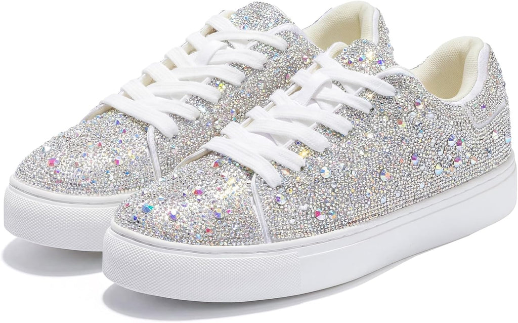 Sparkle Rhinestone Sneakers for Women - Bling Fashion Bedazzled Platform Tennis Shoes - White Glitter Sequin Wedding and Party Shoe