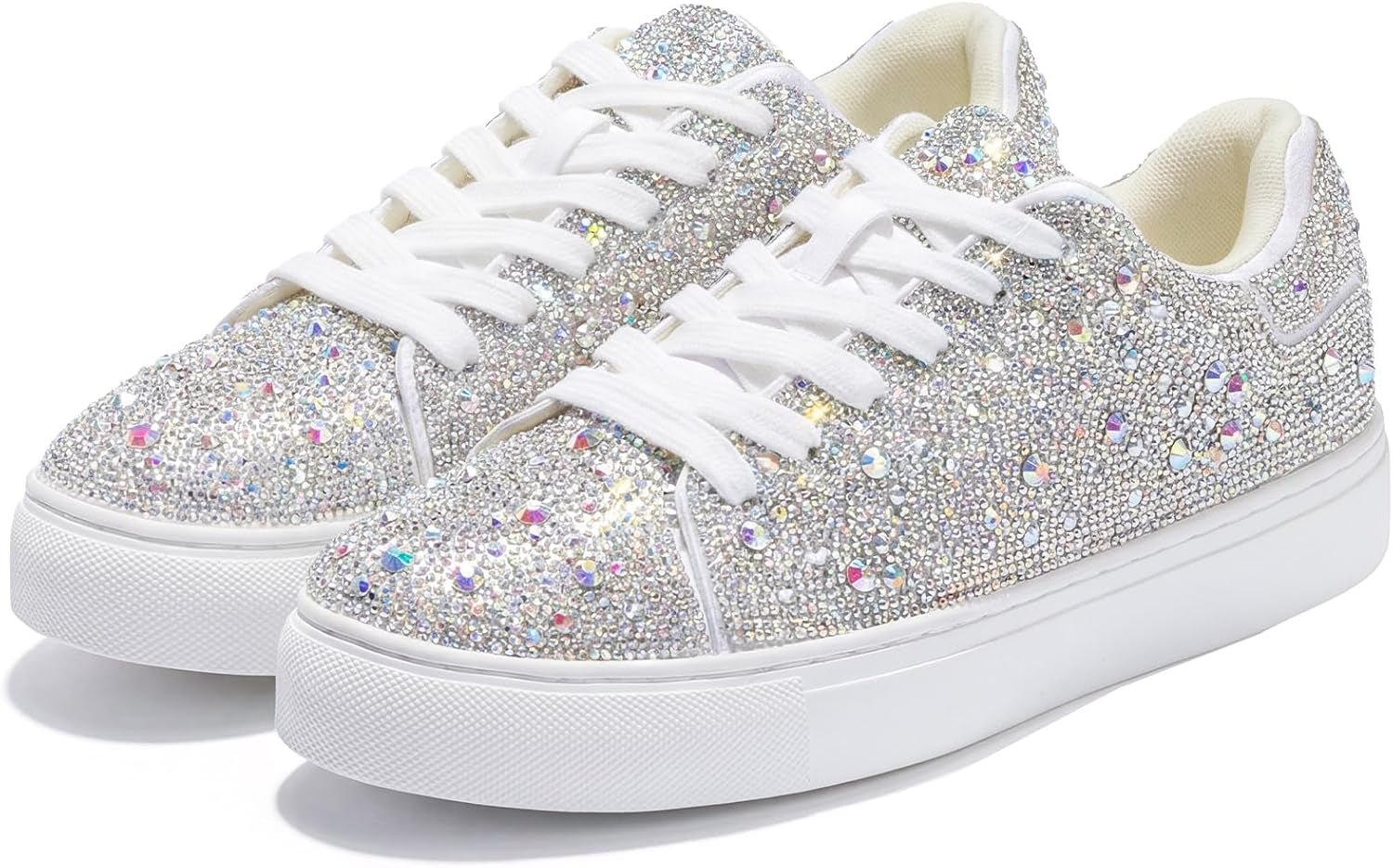 Sparkle Rhinestone Sneakers for Women - Bling Fashion Bedazzled Platform Tennis Shoes - White Glitter Sequin Wedding and Party Shoe
