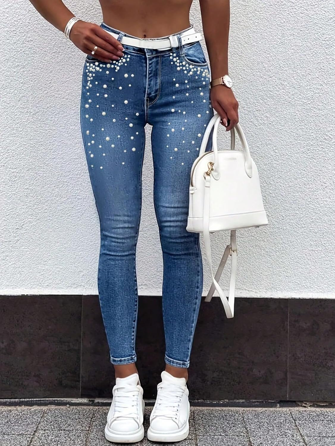 Women'S Skinny Jeans Chic Pearl Decorated Stretch Casual Embellished Fashion Statement Denim Pants