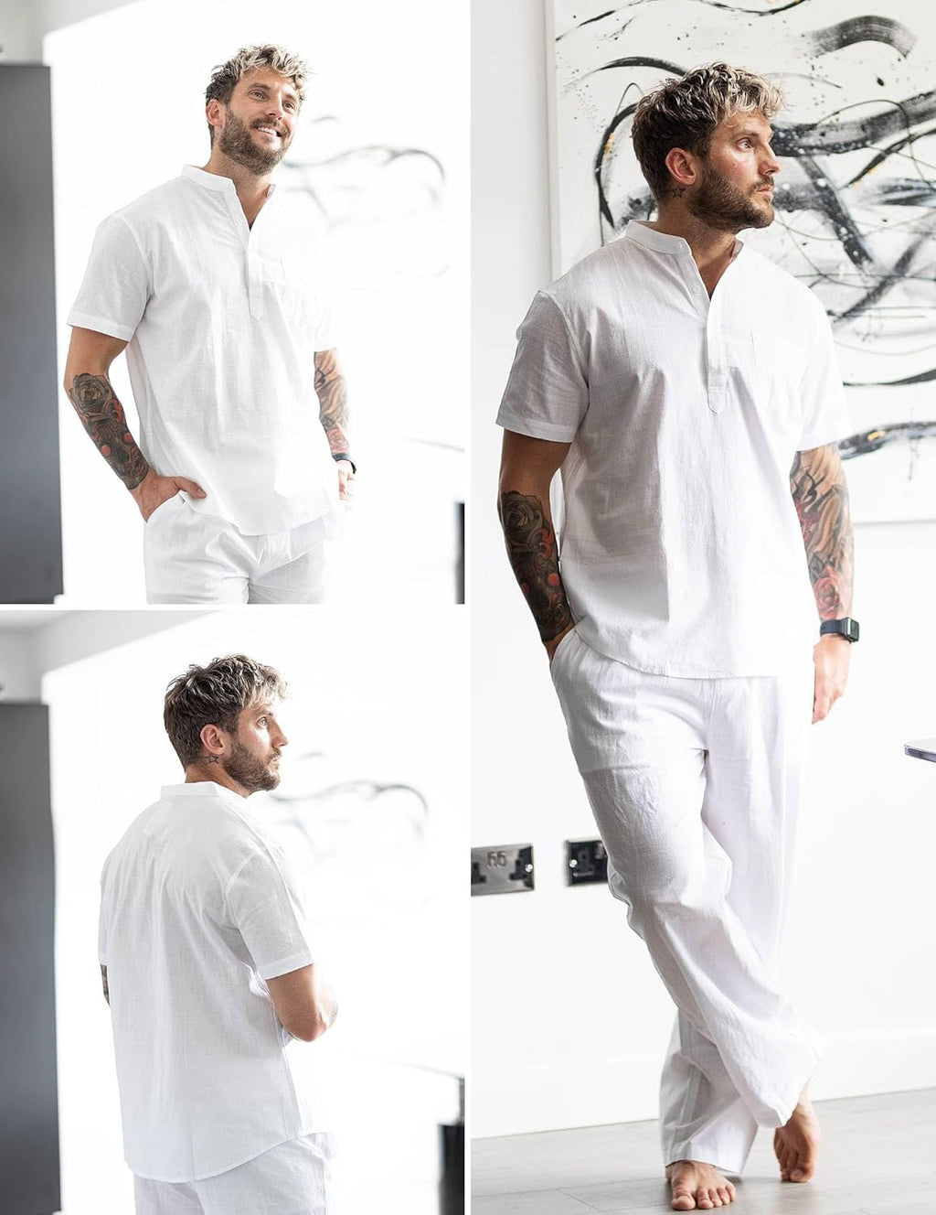 Men'S 2 Pieces Cotton Linen Set Casual Short Sleeve Henley Shirts Beach Yoga Pants Summer Outfits