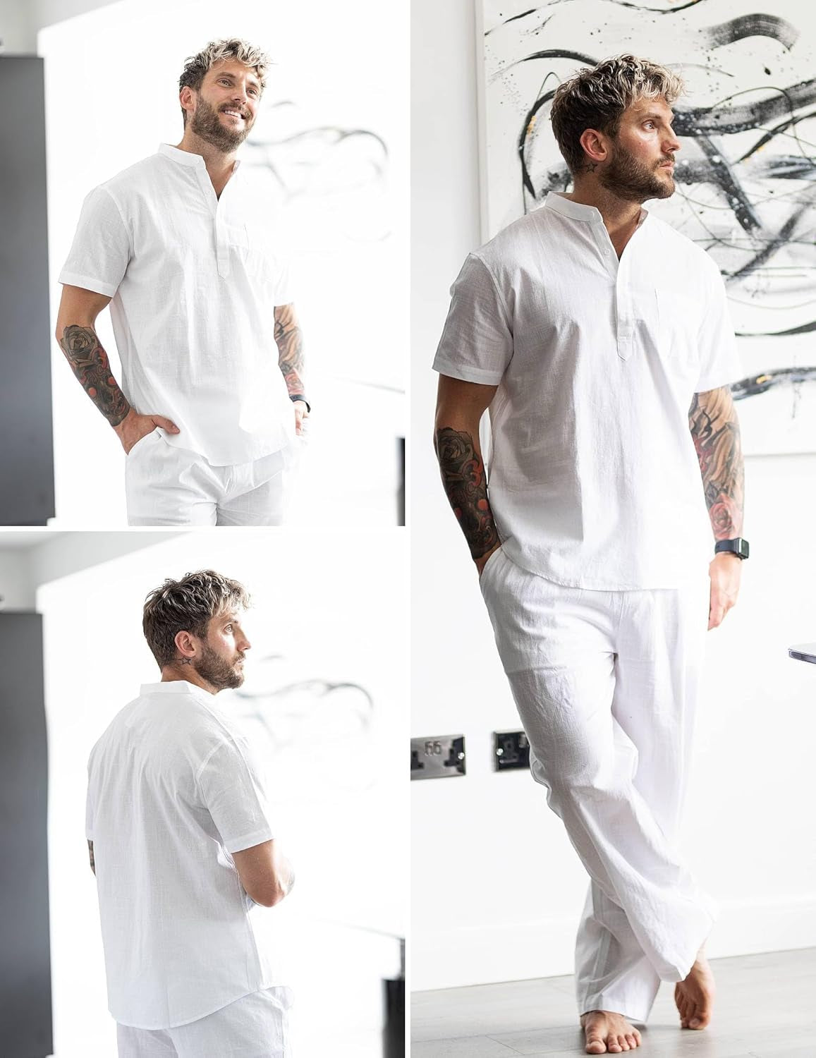 Men'S 2 Pieces Cotton Linen Set Casual Short Sleeve Henley Shirts Beach Yoga Pants Summer Outfits
