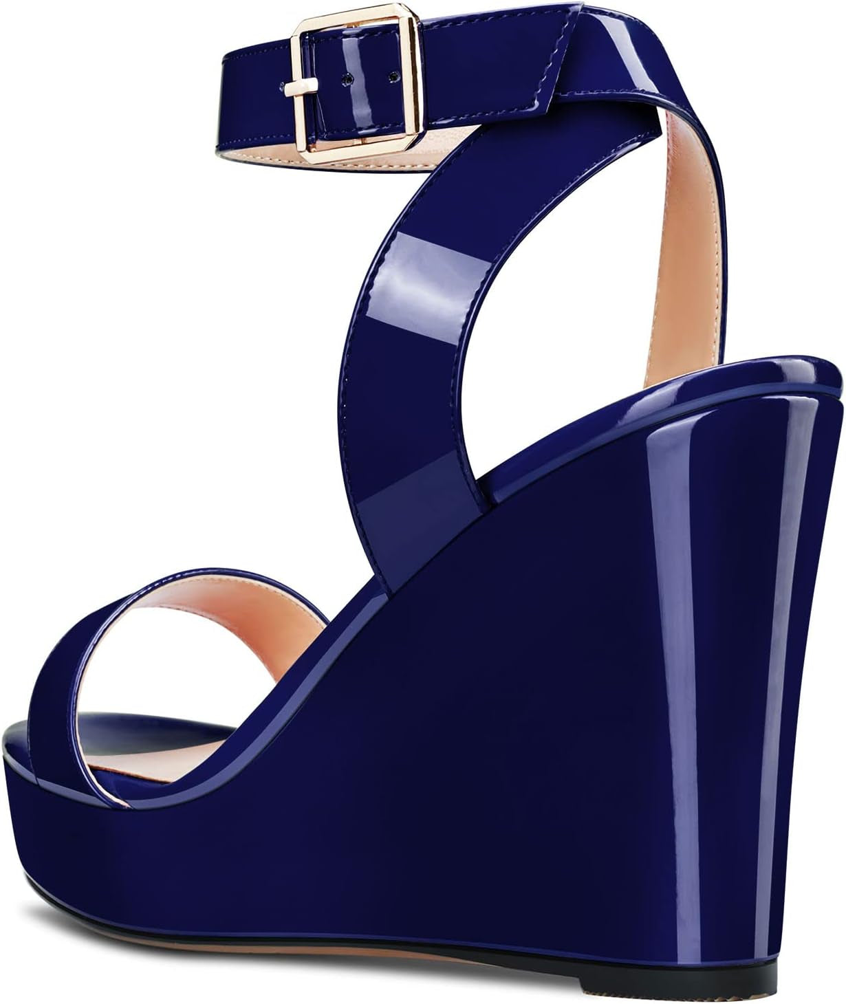 Women Platform Wedge Sandals round Peep Open Toe Ankle Strap Slingback Two-Piece Chunky Block High Heel Dress Shoes Pumps Party Patent 4 Inch