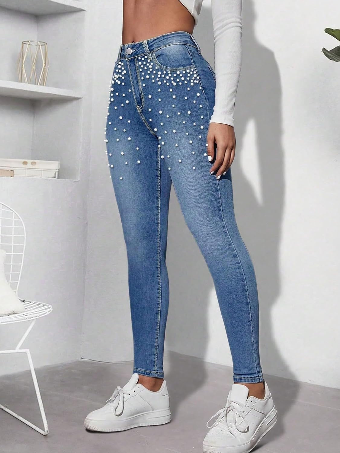 Women'S Skinny Jeans Chic Pearl Decorated Stretch Casual Embellished Fashion Statement Denim Pants