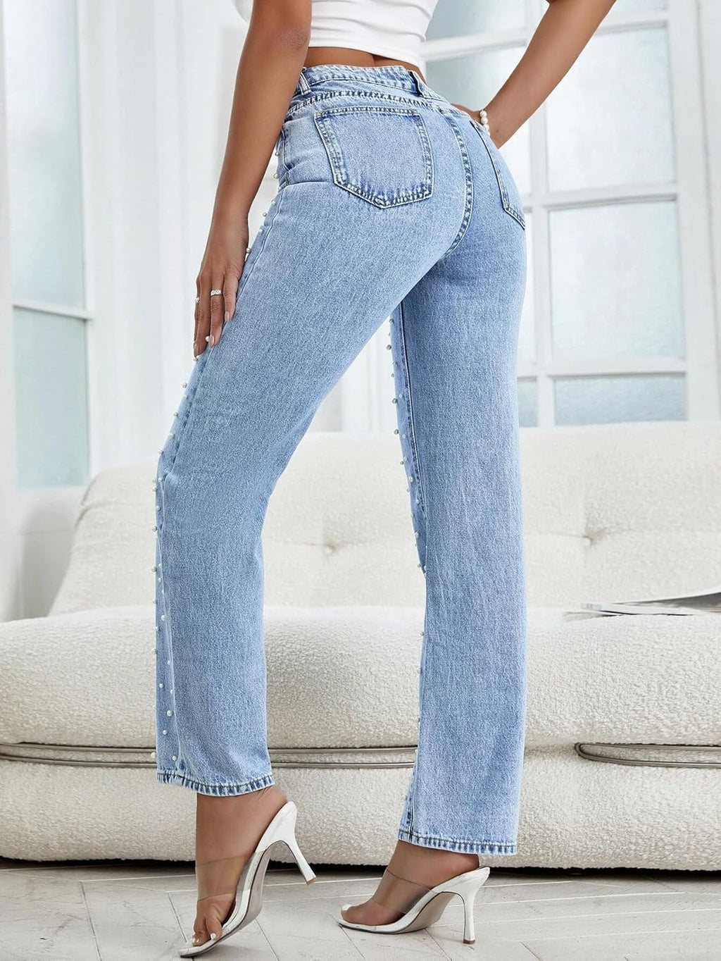 Women'S High Waisted Jeans Boyfriend Baggy Wide Straight Leg Casual Denim Pants Trousers