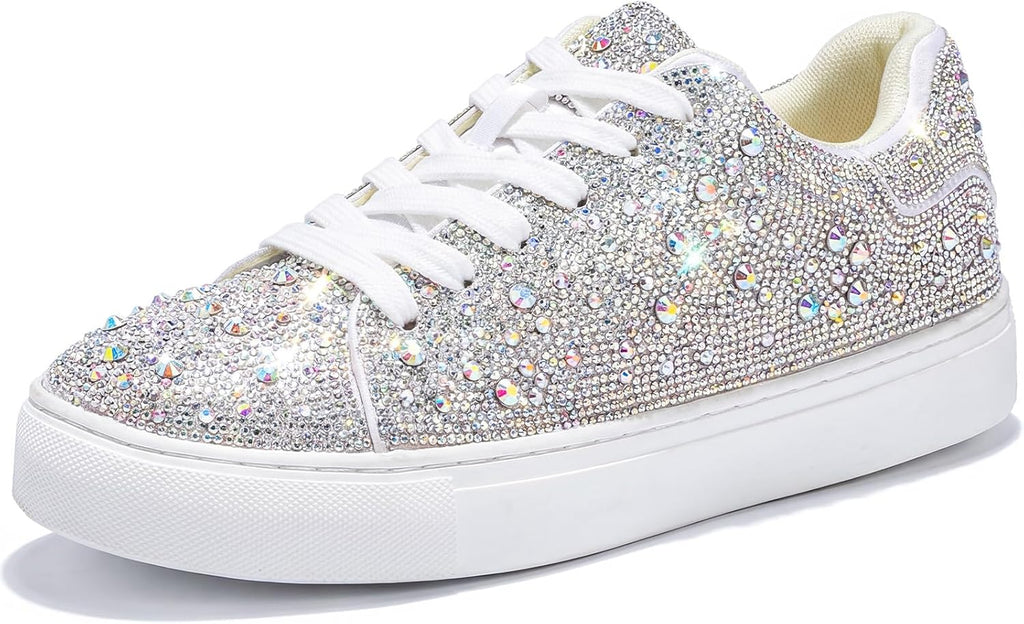 Sparkle Rhinestone Sneakers for Women - Bling Fashion Bedazzled Platform Tennis Shoes - White Glitter Sequin Wedding and Party Shoe