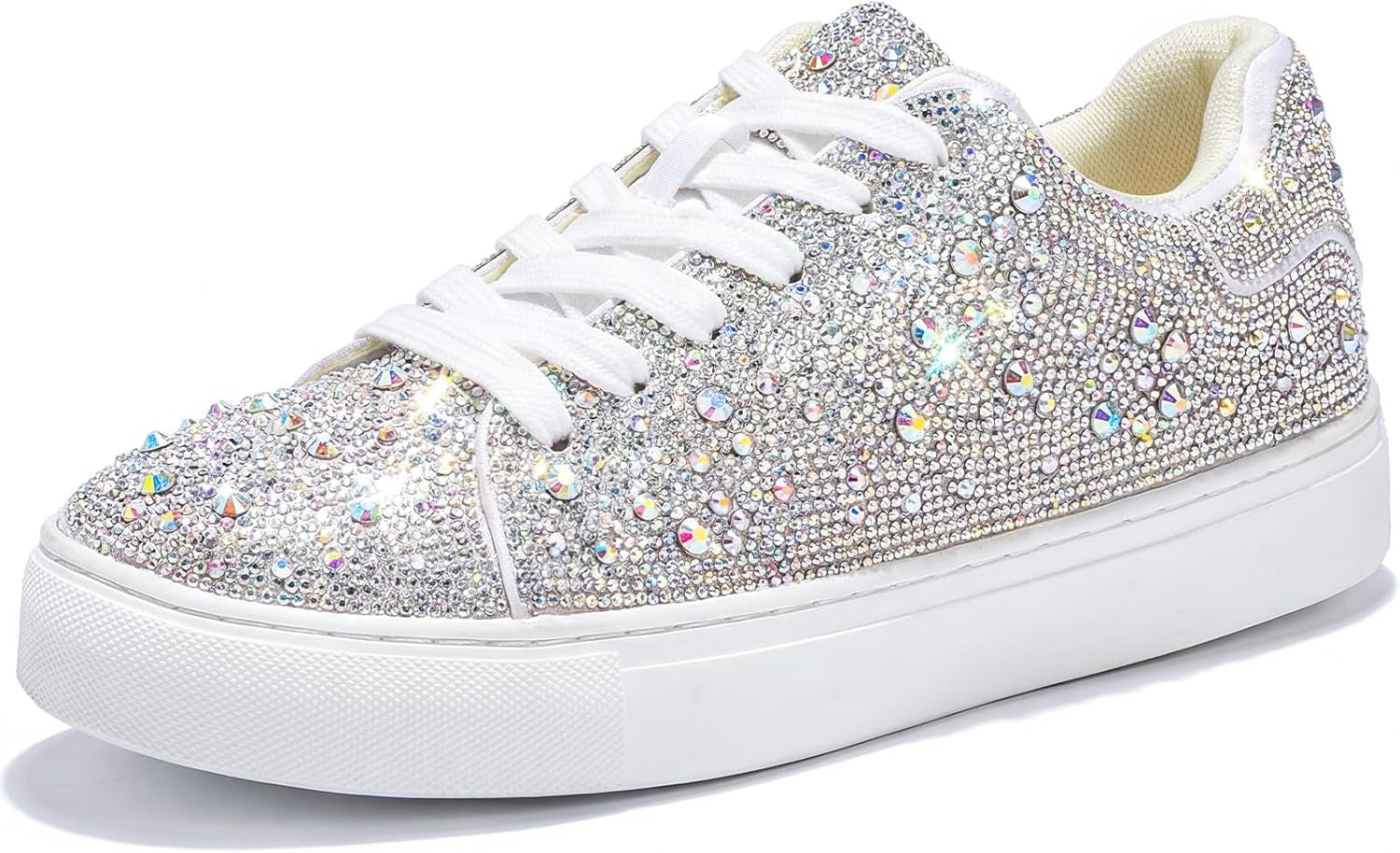 Sparkle Rhinestone Sneakers for Women - Bling Fashion Bedazzled Platform Tennis Shoes - White Glitter Sequin Wedding and Party Shoe