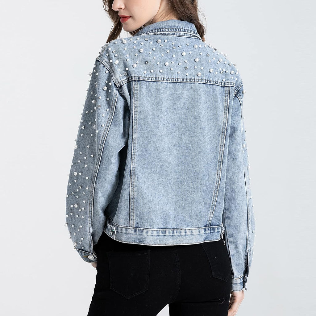 Women'S Pearls Denim Jacket Cropped Rhinestones Jean Jacket Coat