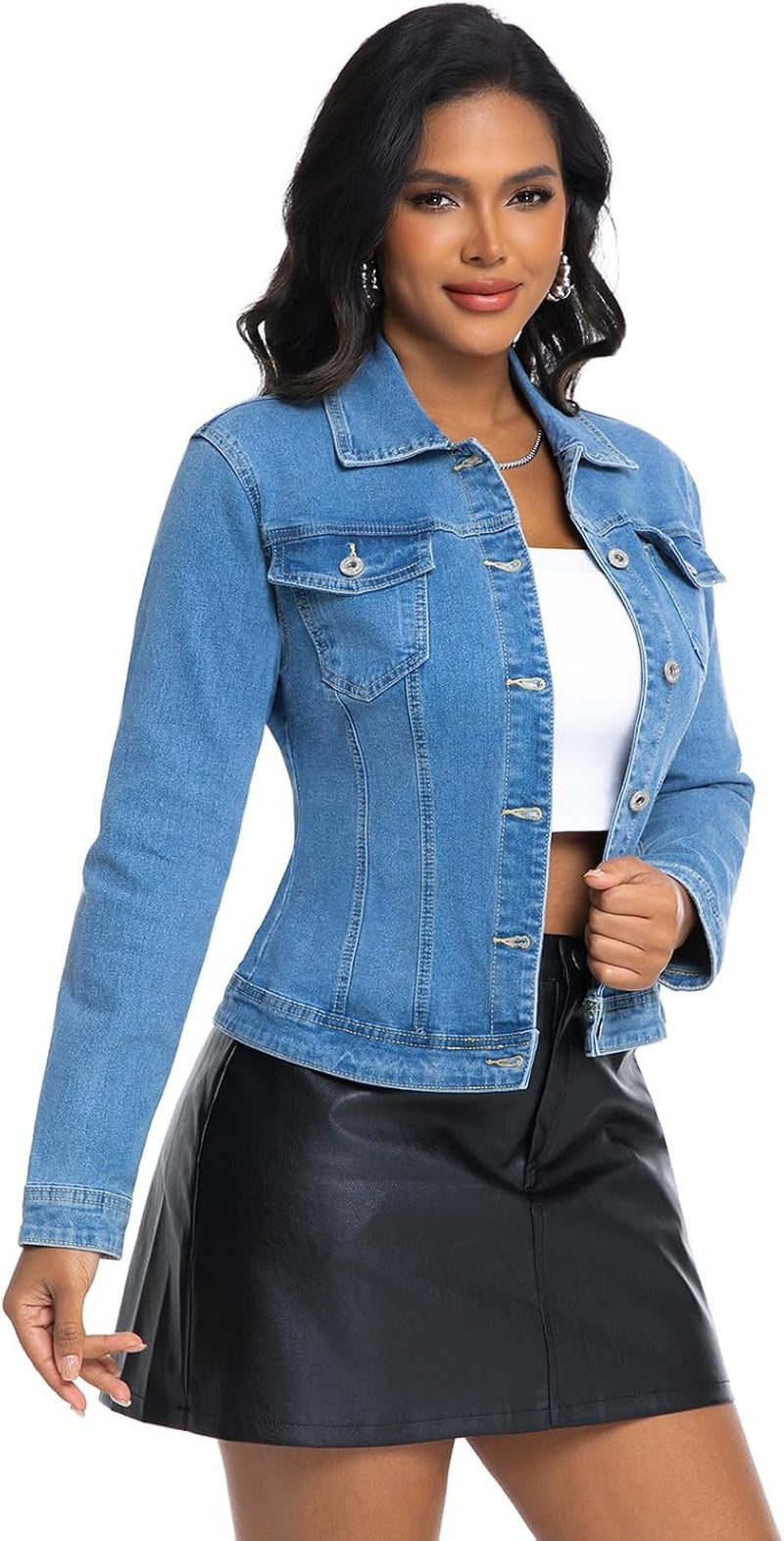 Women Cropped Denim Jacket Lapel Button down Long Sleeve Slim Fitted Stretchy Short Jean Jacket with Pockets