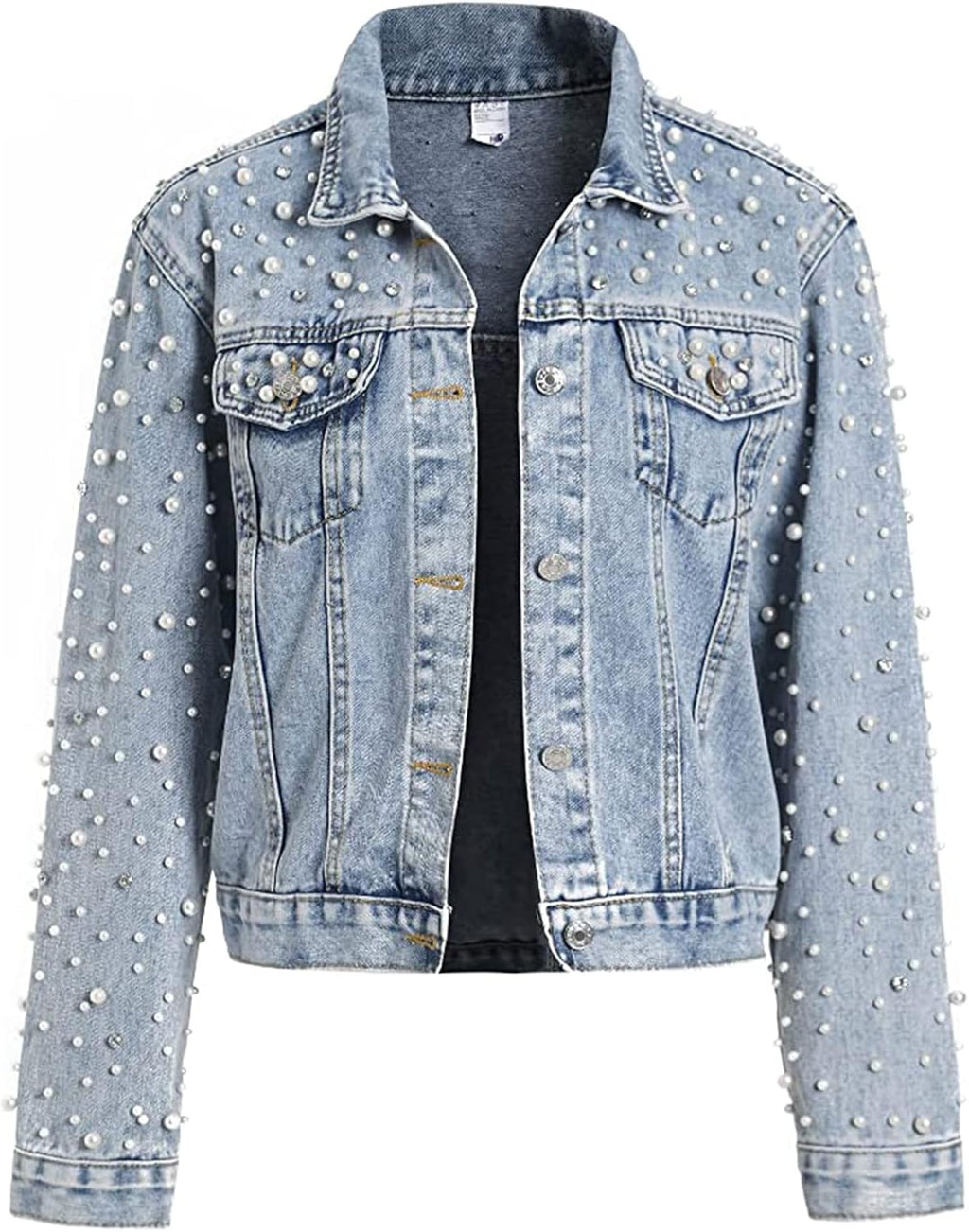 Women'S Pearls Denim Jacket Cropped Rhinestones Jean Jacket Coat