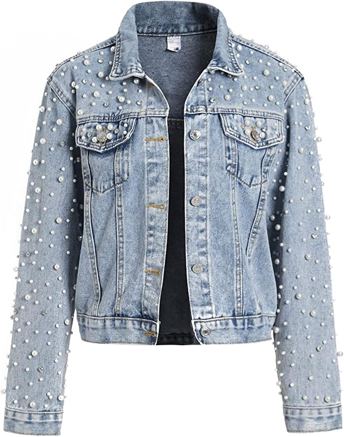 Women'S Pearls Denim Jacket Cropped Rhinestones Jean Jacket Coat