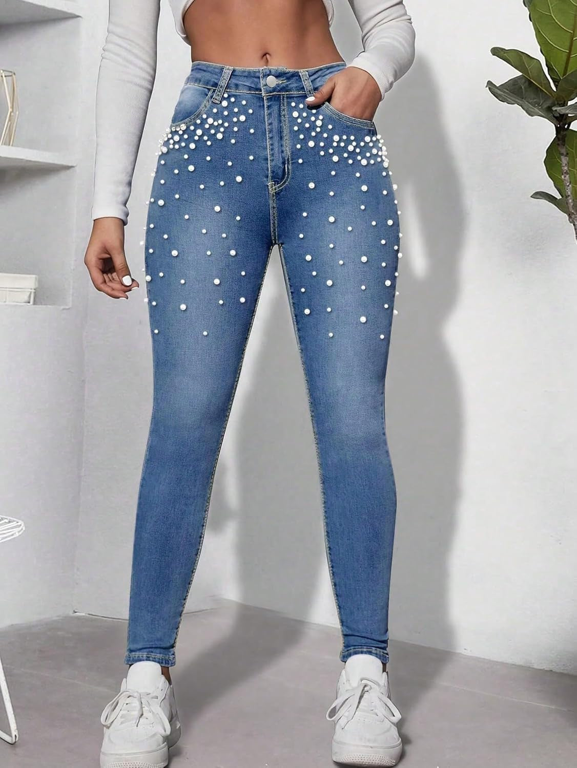 Women'S Skinny Jeans Chic Pearl Decorated Stretch Casual Embellished Fashion Statement Denim Pants