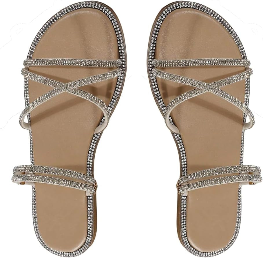 Women'S Rhinestone Strappy Open Toe Slide Sandals Slip on Casual Flat Sandals