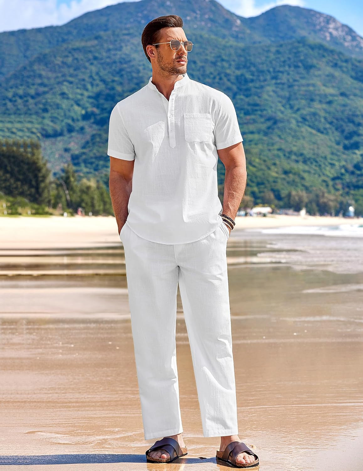 Men'S 2 Pieces Cotton Linen Set Casual Short Sleeve Henley Shirts Beach Yoga Pants Summer Outfits