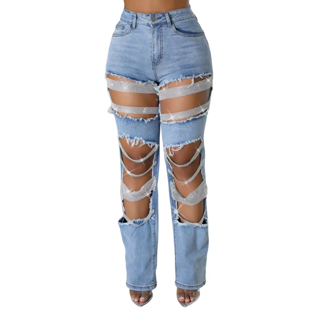 Autumn New Arrivals High Waist Hollow Out Casual Streetwear Slim Straight Leg Women Jeans Denim Pants