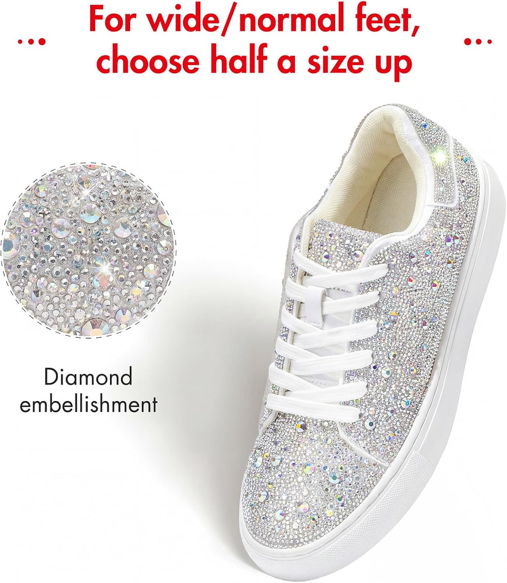 Sparkle Rhinestone Sneakers for Women - Bling Fashion Bedazzled Platform Tennis Shoes - White Glitter Sequin Wedding and Party Shoe