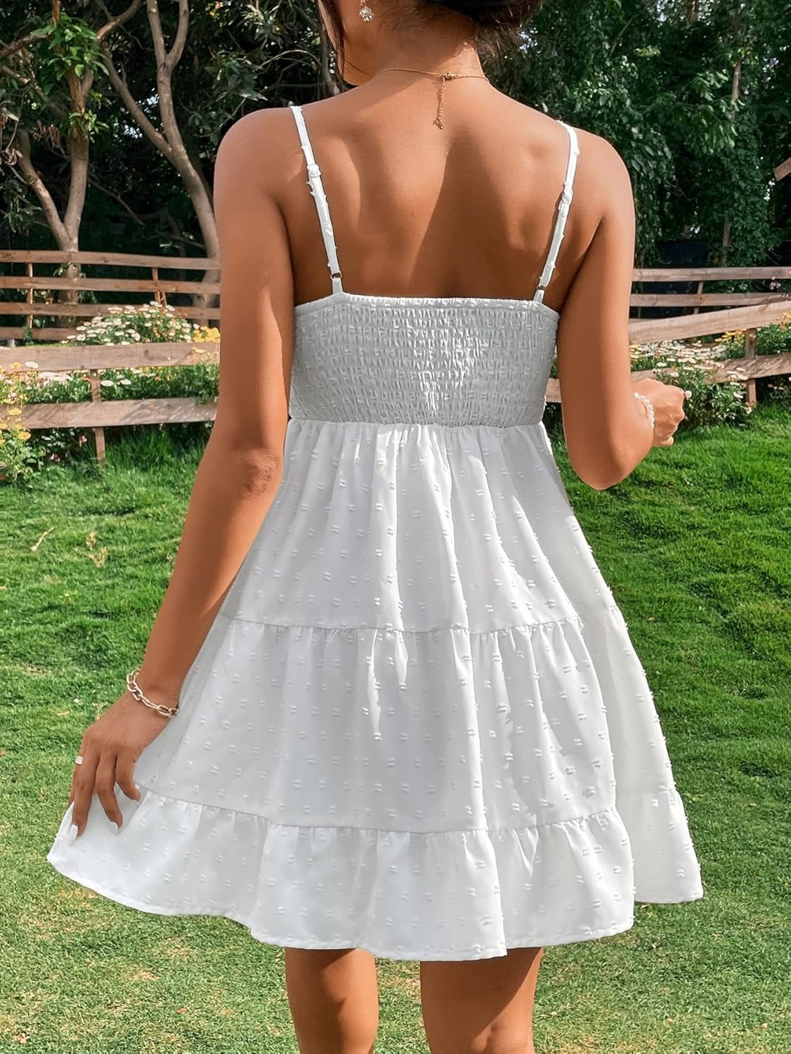 Women'S Swiss Dots Sleeveless Ruched Bust Ruffle Hem Cami Short Dress