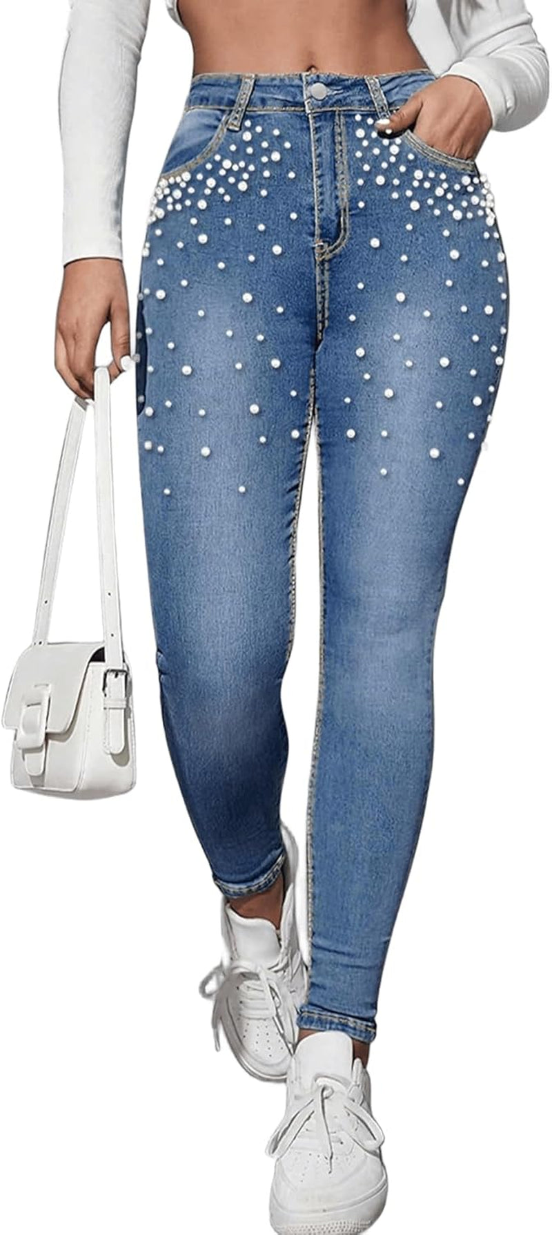 Women'S Skinny Jeans Chic Pearl Decorated Stretch Casual Embellished Fashion Statement Denim Pants
