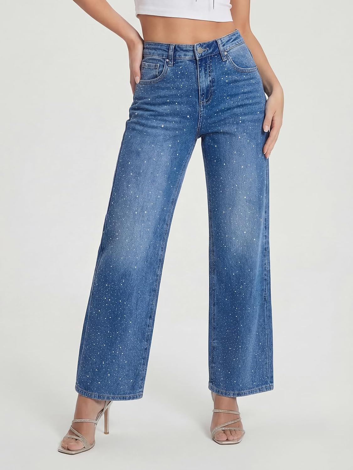 Straight Leg Jeans Rhinestone High Waisted Pearl Boyfried Denim Pants Y2K Sparkly Bling Glitter Bedazzled Jeans