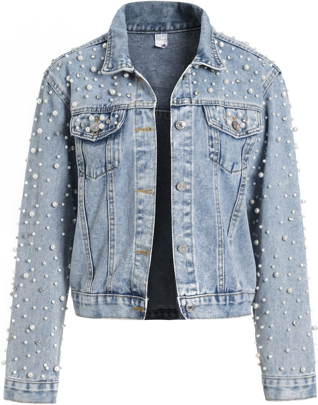 Women'S Pearls Denim Jacket Cropped Rhinestones Jean Jacket Coat