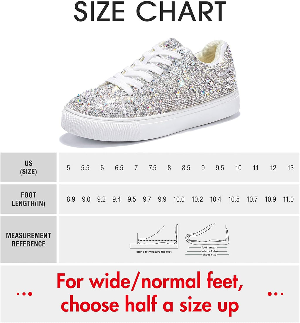 Sparkle Rhinestone Sneakers for Women - Bling Fashion Bedazzled Platform Tennis Shoes - White Glitter Sequin Wedding and Party Shoe