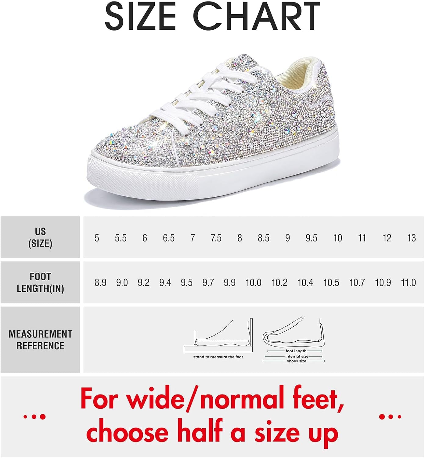 Sparkle Rhinestone Sneakers for Women - Bling Fashion Bedazzled Platform Tennis Shoes - White Glitter Sequin Wedding and Party Shoe