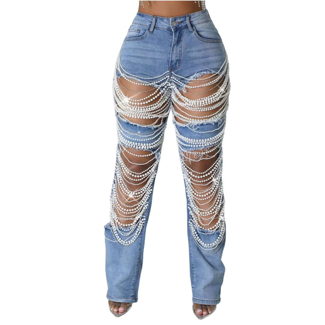 Autumn New Arrivals High Waist Hollow Out Casual Streetwear Slim Straight Leg Women Jeans Denim Pants