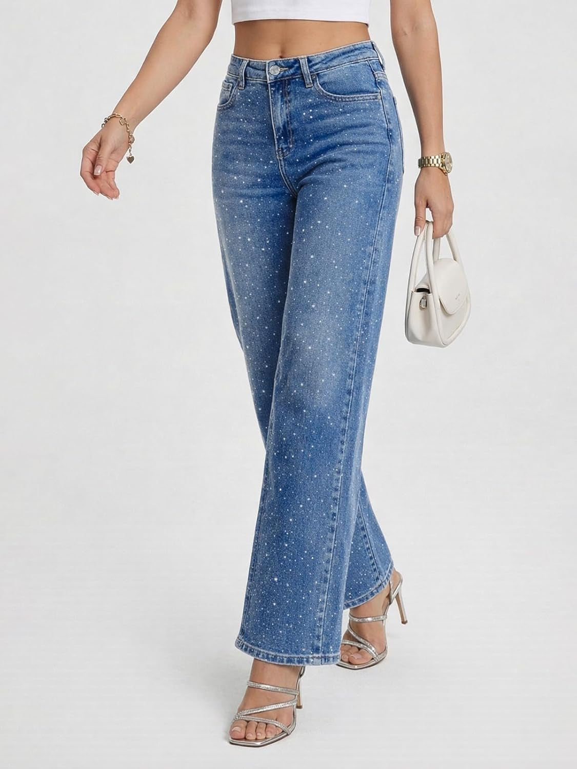 Straight Leg Jeans Rhinestone High Waisted Pearl Boyfried Denim Pants Y2K Sparkly Bling Glitter Bedazzled Jeans