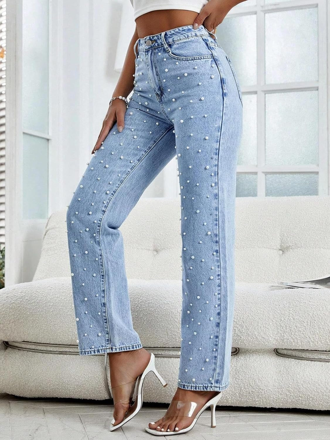 Women'S High Waisted Jeans Boyfriend Baggy Wide Straight Leg Casual Denim Pants Trousers