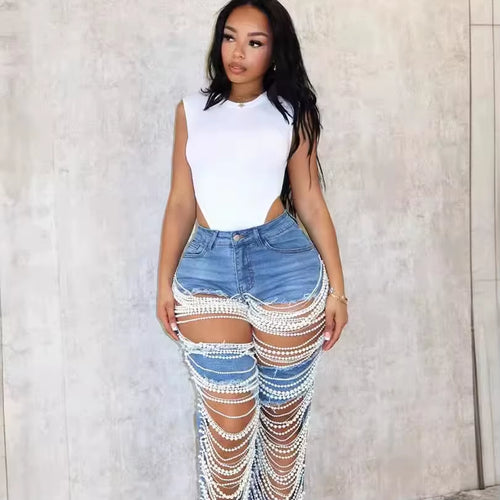 Autumn New Arrivals High Waist Hollow Out Casual Streetwear Slim Straight Leg Women Jeans Denim Pants