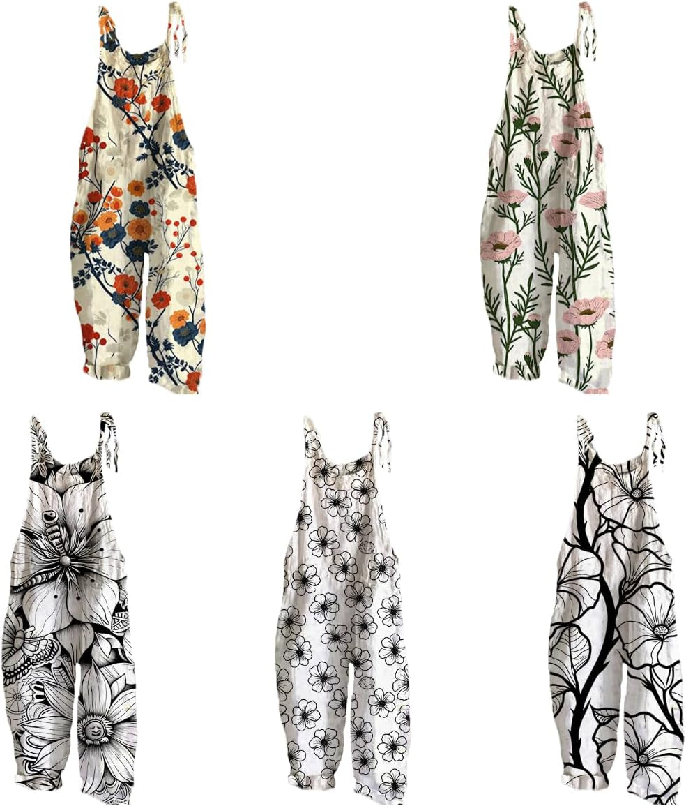 Rompers for Women 2024 Boho Floral Printed Sleeveless Strappy Wide Leg Jumpsuits Baggy Overall Jumpsuit