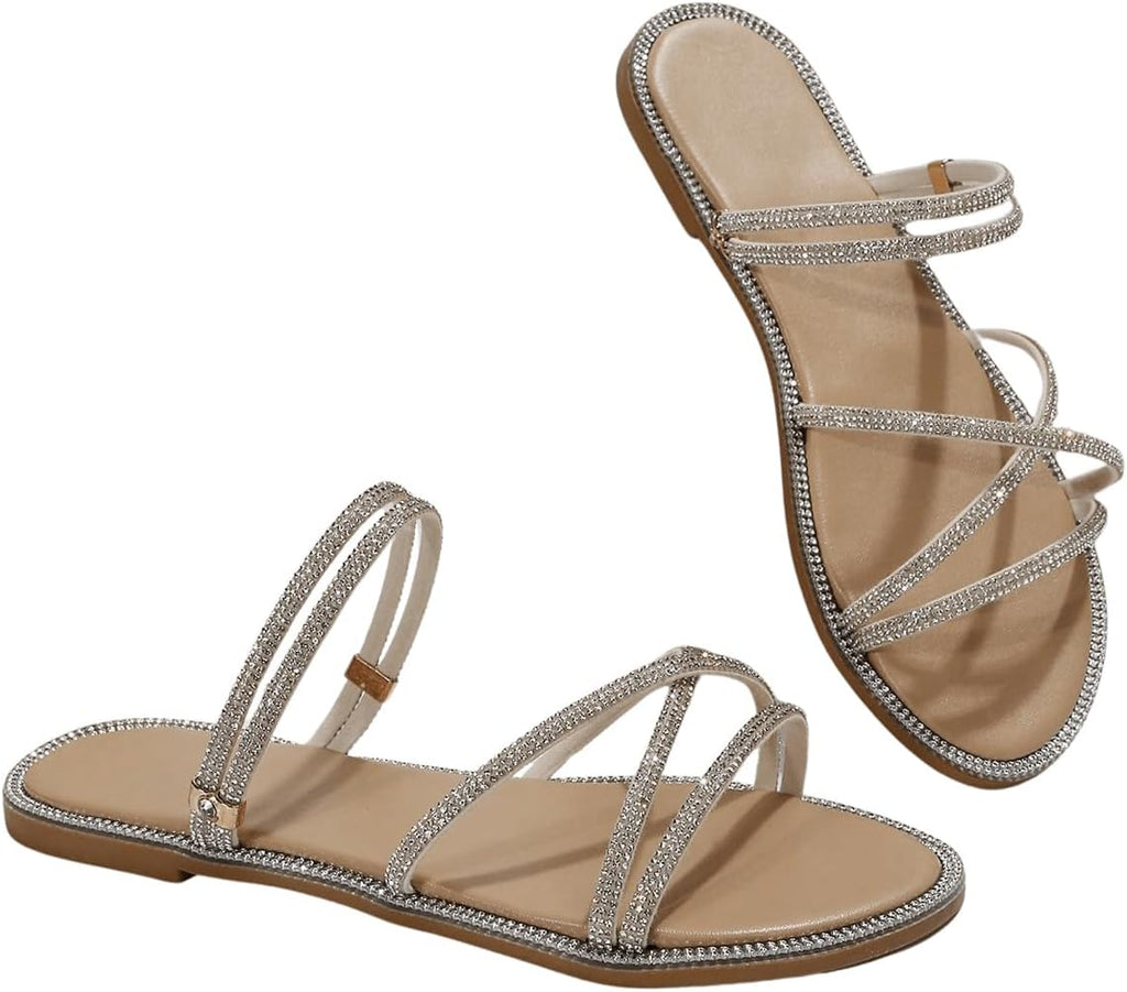 Women'S Rhinestone Strappy Open Toe Slide Sandals Slip on Casual Flat Sandals