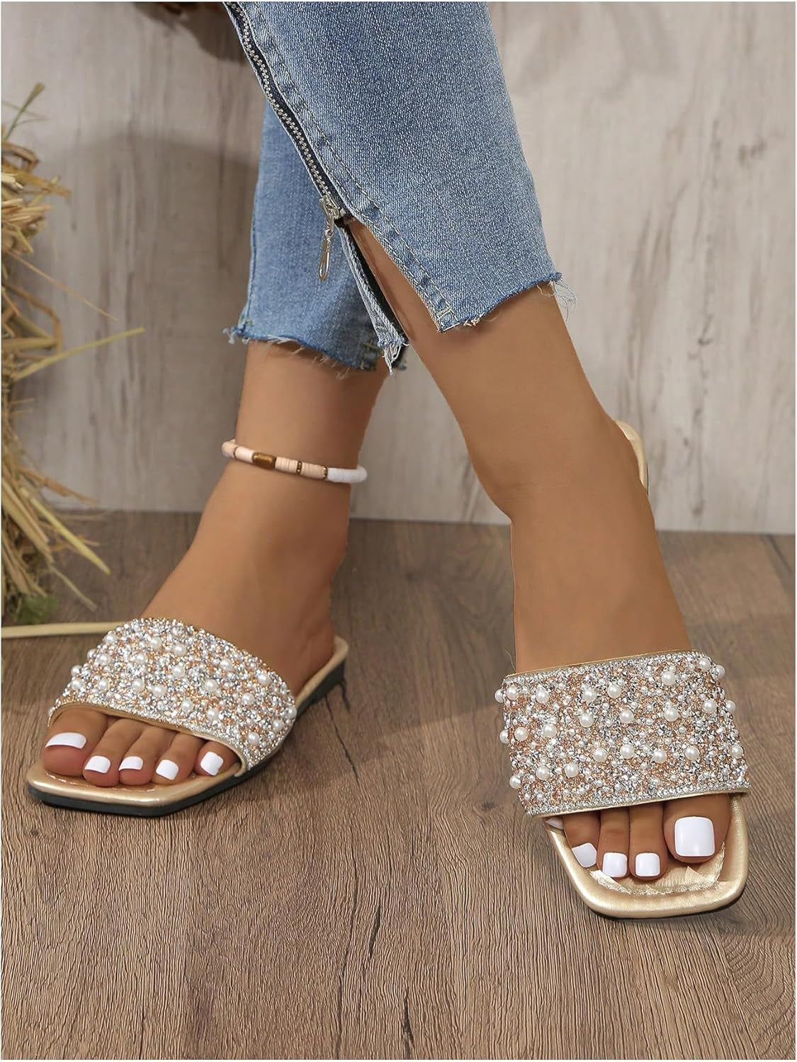 Women'S Rhinestone Flat Sandals Squared Slip on Open Toe Slide Sandals Slippers