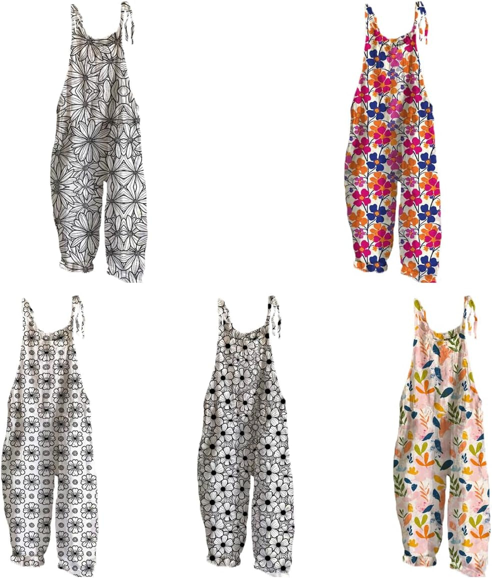 Rompers for Women 2024 Boho Floral Printed Sleeveless Strappy Wide Leg Jumpsuits Baggy Overall Jumpsuit