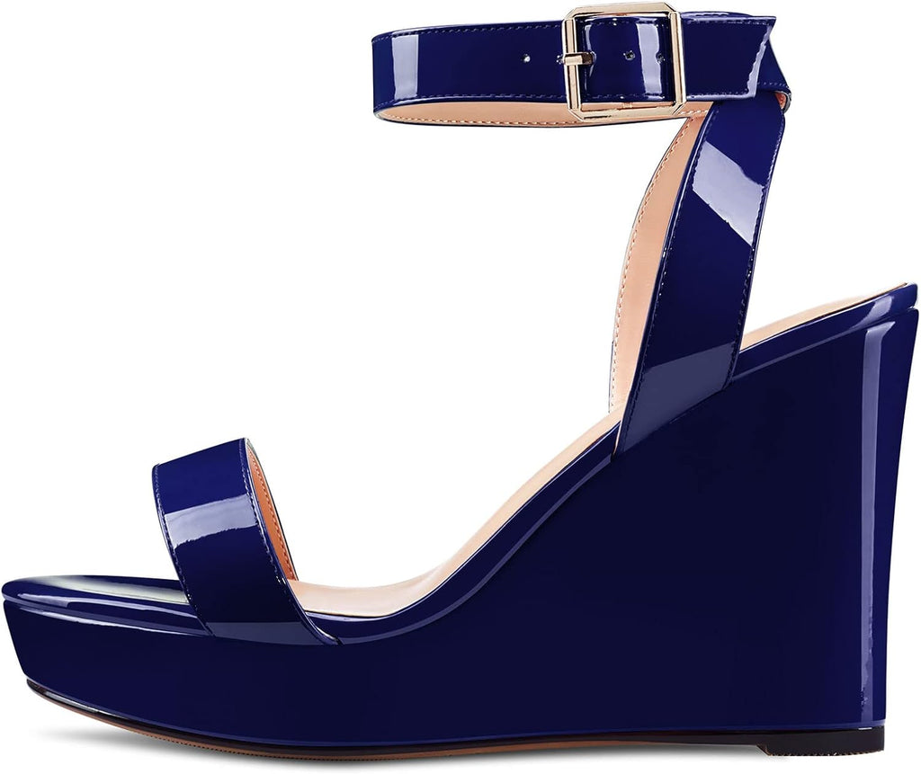 Women Platform Wedge Sandals round Peep Open Toe Ankle Strap Slingback Two-Piece Chunky Block High Heel Dress Shoes Pumps Party Patent 4 Inch
