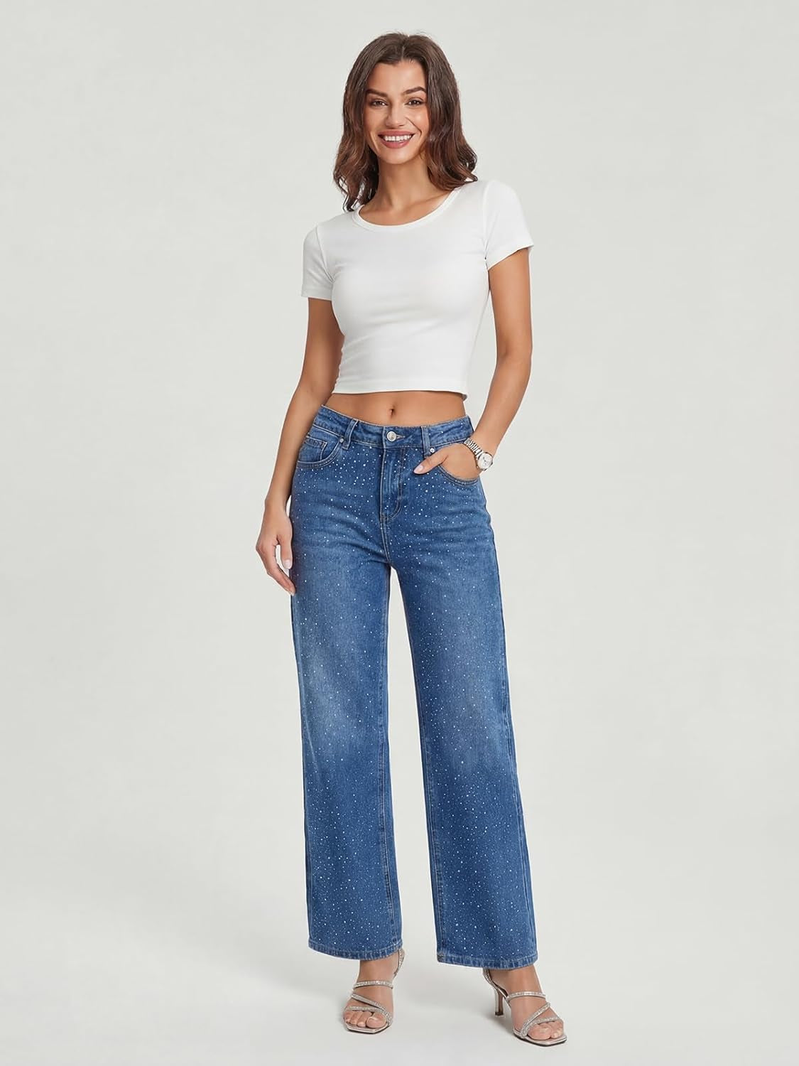 Straight Leg Jeans Rhinestone High Waisted Pearl Boyfried Denim Pants Y2K Sparkly Bling Glitter Bedazzled Jeans