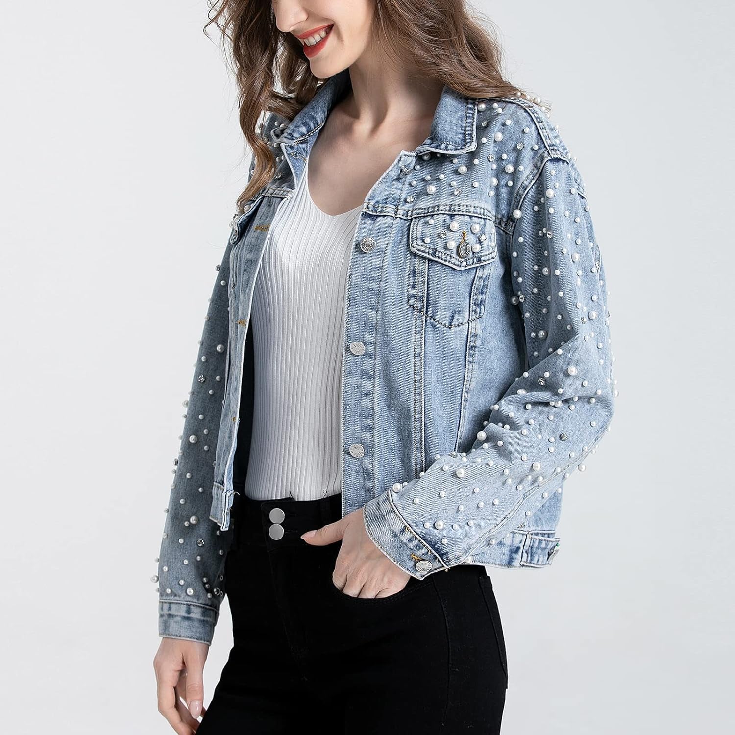 Women'S Pearls Denim Jacket Cropped Rhinestones Jean Jacket Coat