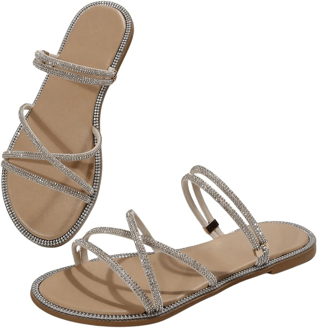 Women'S Rhinestone Strappy Open Toe Slide Sandals Slip on Casual Flat Sandals