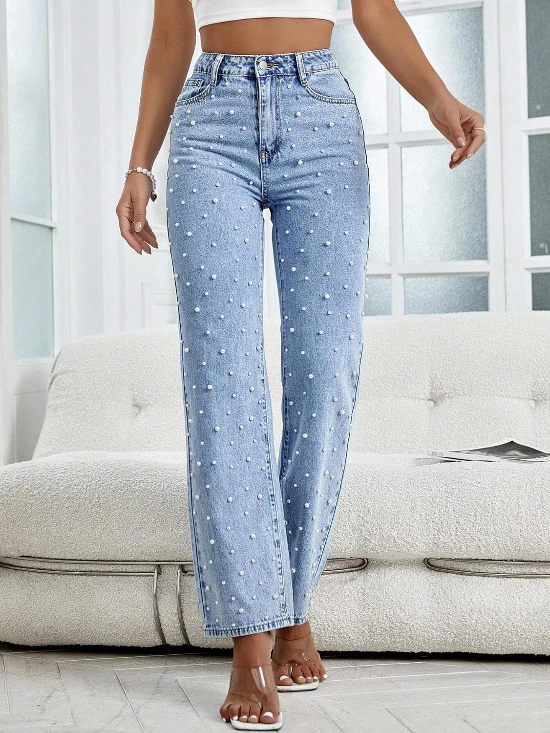 Women'S High Waisted Jeans Boyfriend Baggy Wide Straight Leg Casual Denim Pants Trousers
